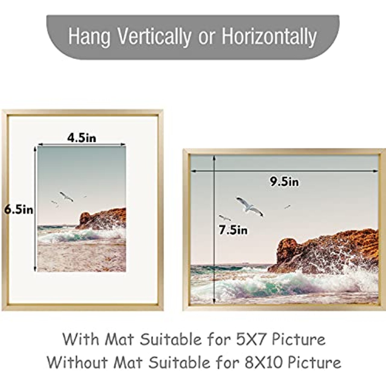8x10 Aluminum Photo Frame for 5x7 Pictures with Ivory Mat or 8x10 Without, Real Glass, Wall or Tabletop Metal Picture Frame Collection (Gold, 1 Pack)